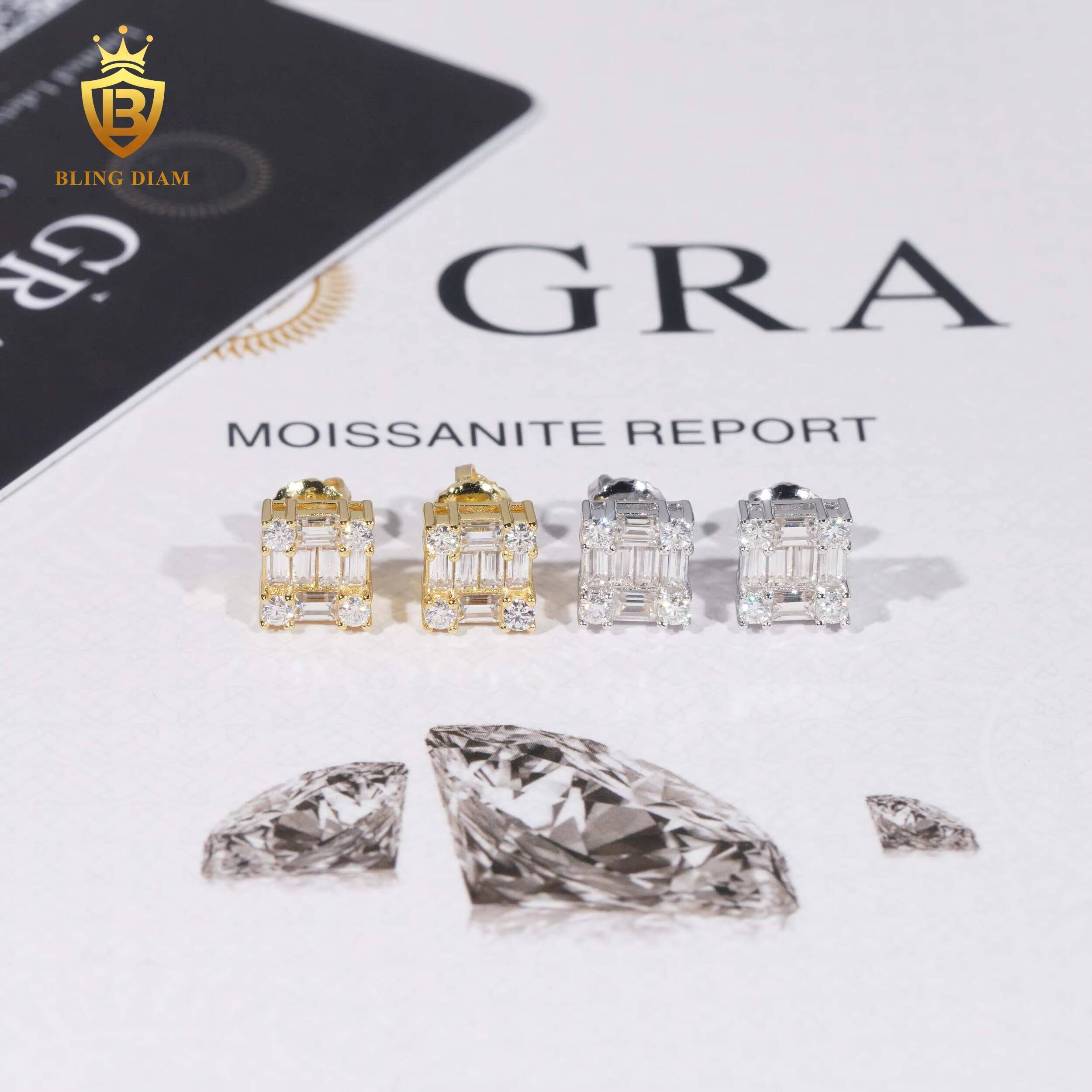 Fashion Jewelry 925 Silver Emerald Cut Luxury Design Iced Out VVS Moissanite Diamond Square Stud Earrings for Men Women