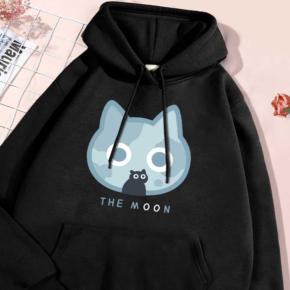 The Moon Blue Cat Fun Print Hoody Men Women Harajuku Style Hoodie Loose Warm Sweatshirt Fashion Fleece Pullover Clothing Couple Y250811