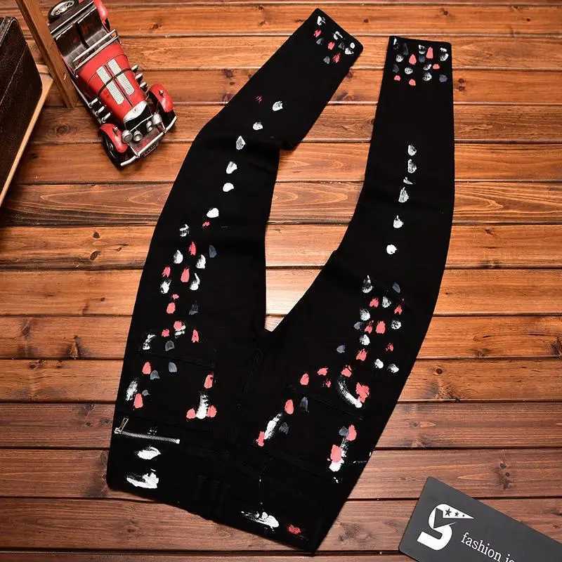 High-end Street Fashion Trendy Brand Mens Slim Fit Ink-splashed Printed Zipper Black Motorcycle Jeans X250812