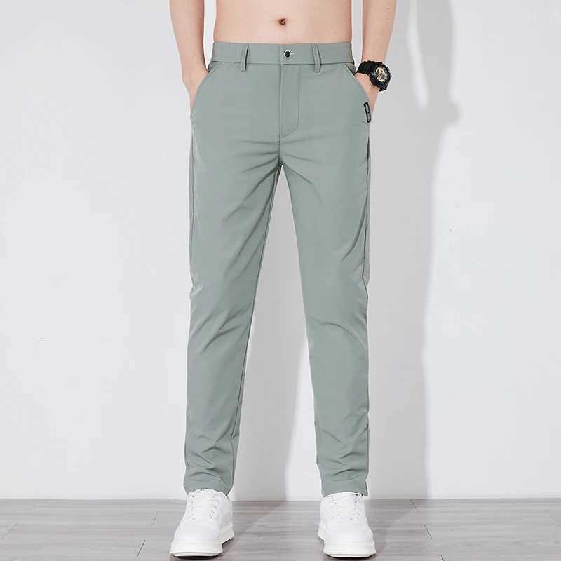 Summer Silk Stretch Smooth Trousers Men Business Elastic Waist Korean Classic Thin Cool Black Gray Casual Suit Pants Male Brand W250812