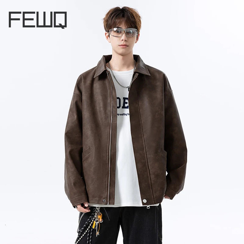 FEWQ High Street Mens PU Leather Jackets Solid Color Turn-down Collar Casual Pocket Fashion Loose Trendy Male Coats 24K5478 250811