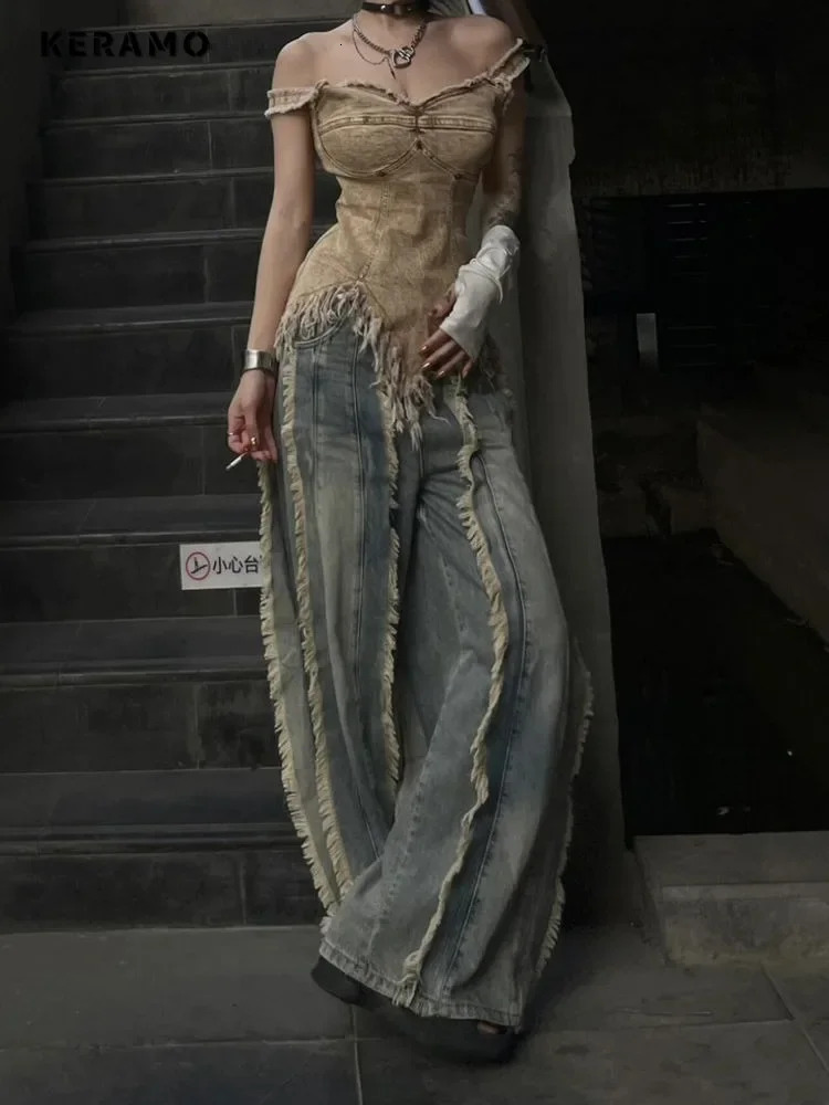 Womens Washed Y2K Baggy Japanese 2000s Denim Trouser Vintage Casual Tassels Pants Female Street Trashy Retro High Waist Jeans 250811