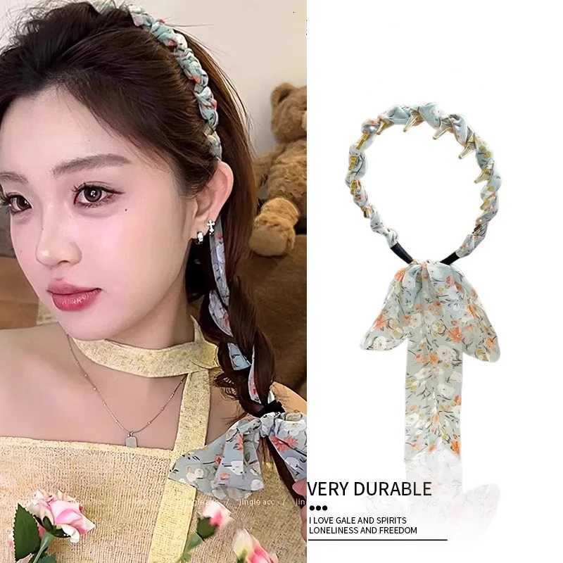 Elegant Print Flower Long Ribbon Teethed Hairband For Girls Sweet Hair Hoop Band Fashion Hair Accessories X250812