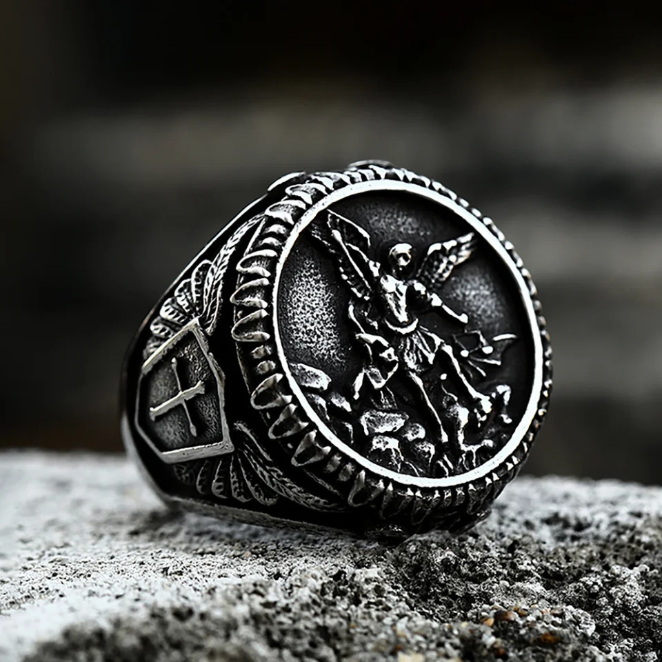 Punk Vintage Stainless Steel St Michael Rings Biker Fashion Cross Ring For Men Boys Renaissance Amulet Jewelry Gift Drop 250812