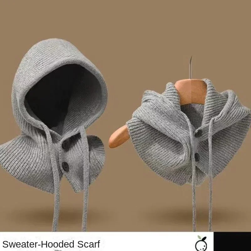 Korea Winter Hats and Scarf Set with Botton Scarf Balaclava Hat Warm Neck Set Women Knitted Wool Pullover Hat Gothic Y2k 250808