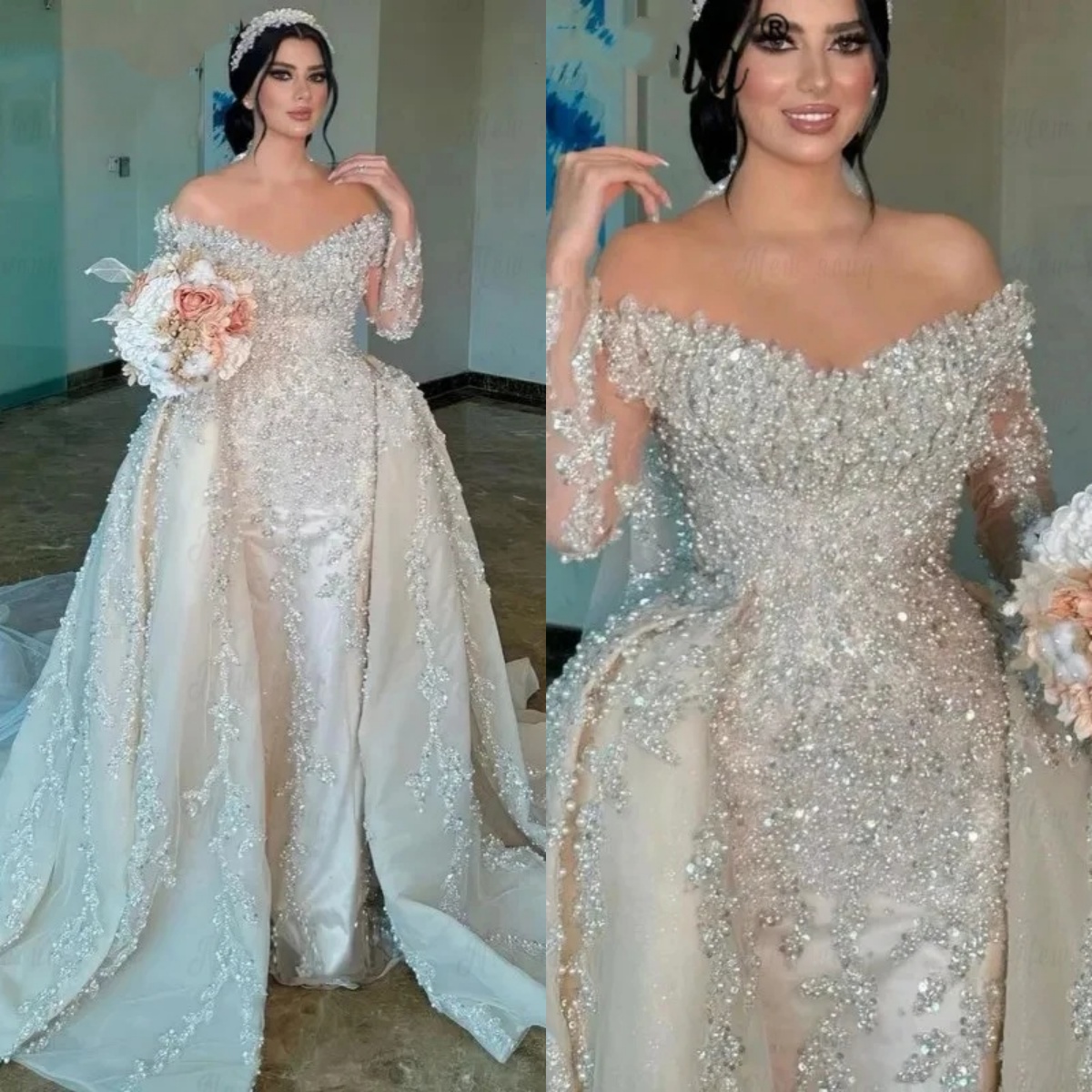 Gorgeous A Line Women Wedding Dress Off Shoulder Long Sleeves Bridal Gowns Sequins Detachable Train Dress Customized vestidos de novia