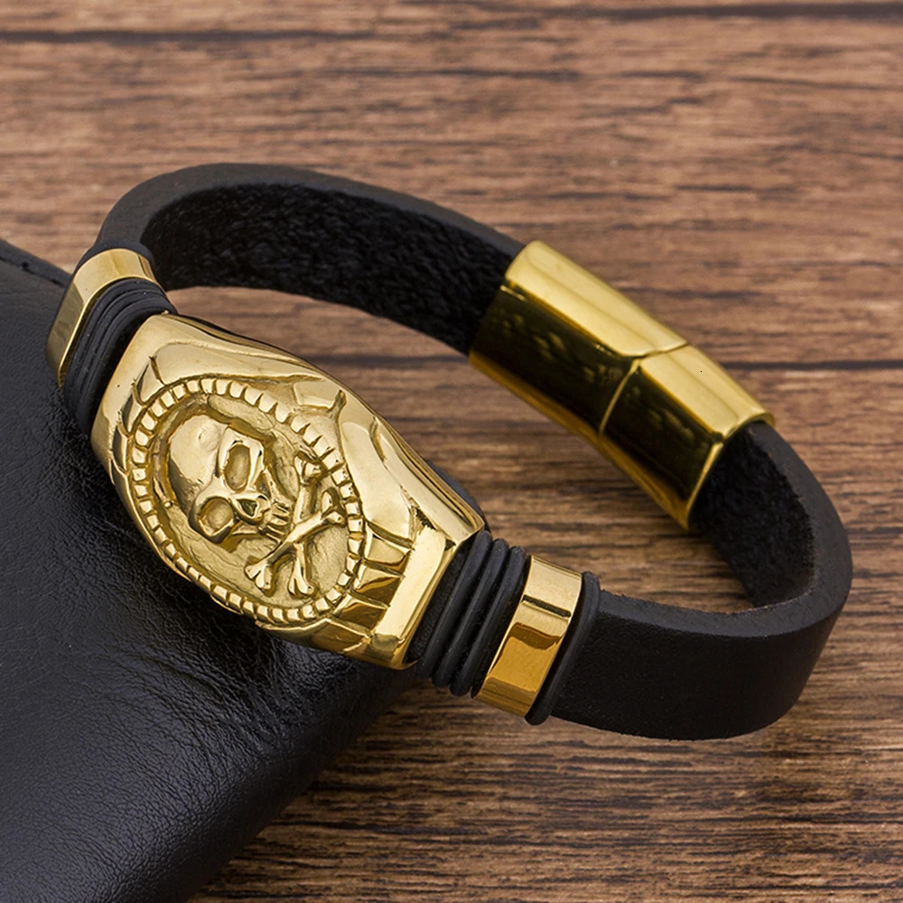 TYO Fashion Charm Stainless Steel Magnet Braided Rope Leather Men Bracelet Skull Rock Bangle Vintage Retro Hip Hop Jewelry 250811