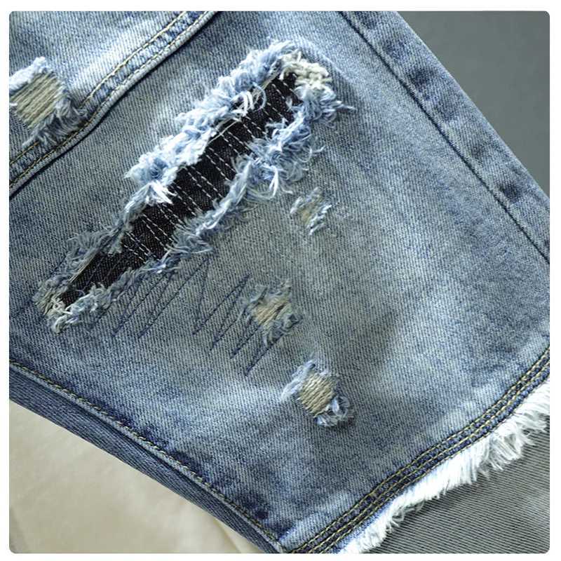 Spring New Blue Ripped Hole Jeans Mens Elastic Slim Stitching Patch Korean Fashion Mens Clothing Denim Trousers Streetwear X250812