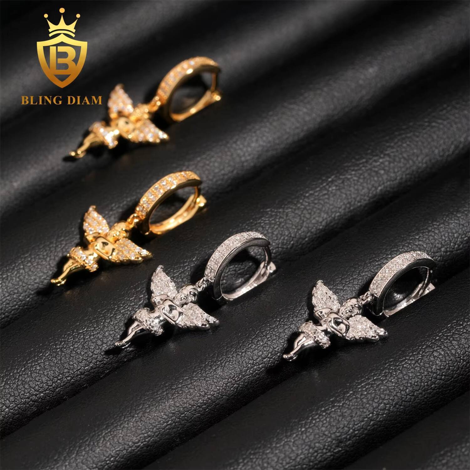 Luxury Style Popular Gold Plated 925 Sterling Silver Drop Angle Charm Moissanite Hoop Earrings
