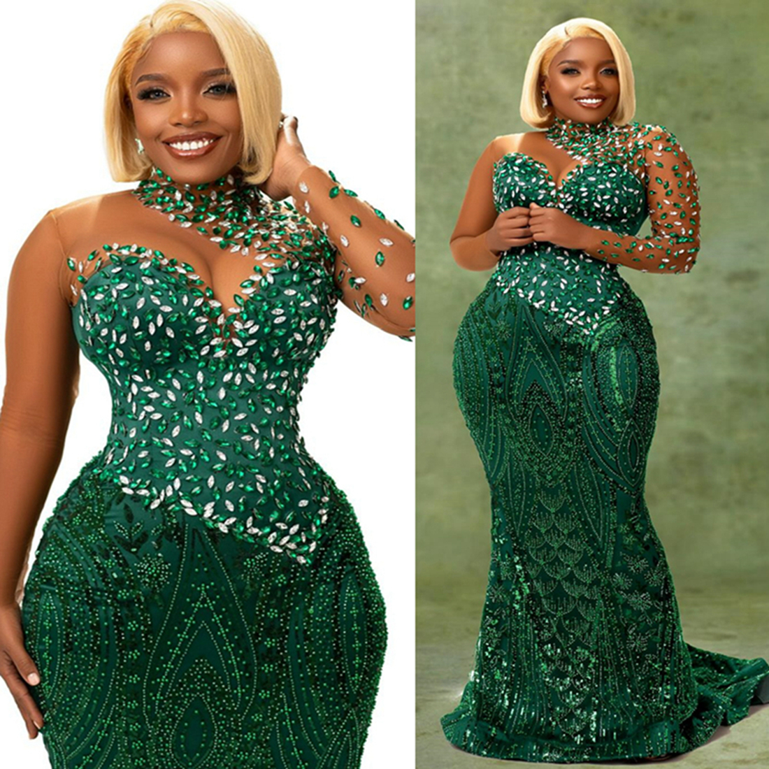 Mermaid Green Plus Size Prom Dress 2025 Evening Dresses For Special Occasions High Neck Beaded Pearls Illusion Long Sleeves Birthday Second Reception 