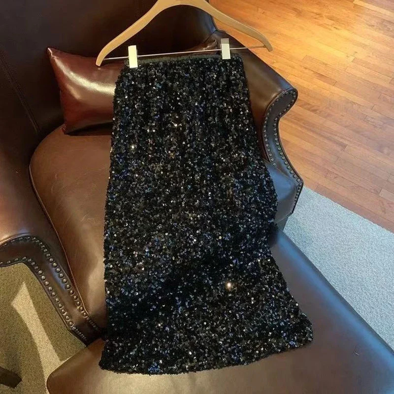 Sequin Decorate Women Midi Skirts High Waist Korean Office Lady Rear Slit A Line Y2K Elegant Hepburn Style Party 250811