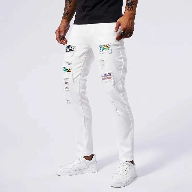 White ripped jeans for men 2024 new summer slim fit jeans for men straight leg casual pants for men stretch denim ripped pants X250812