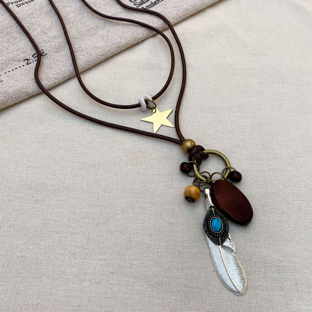 Fashion New Chinese Feather Pendant Necklace for Women Ethnic Style Layered Long Sweater Chain Bohemian Accessories