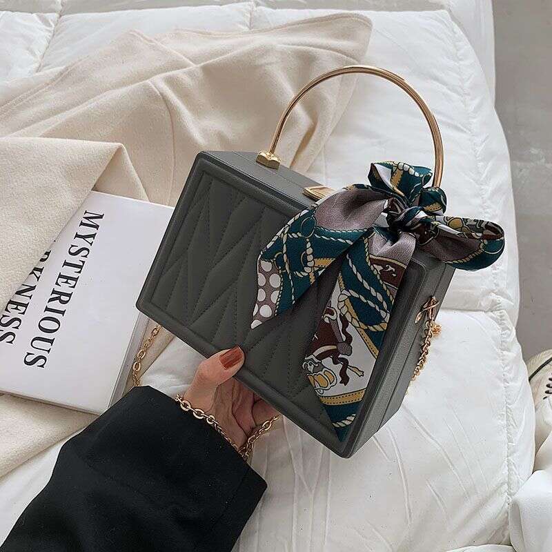2025 Korean Square Box Bag - Scarf-Detailed Shoulder Purse For Women, Pleated Crossbody With Chain Strap, Elegant Handheld Clutch
