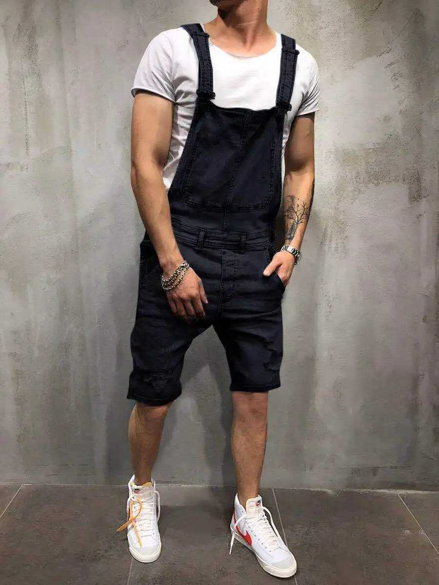 One Piece Jumpsuits Denim Men Jeans Overalls High Street Pockets Cargo Straight Pants Solid Washing Distressed Spliced X250812