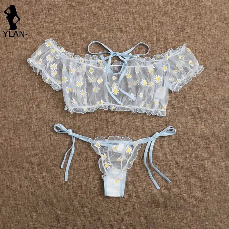 Wire Free Lingerie Set Off-Shoulder Sexy Womens Underwear Small Chest Bralette+Thong Lace Swimsuit Beachwear New Flower Bra SetXJ250812