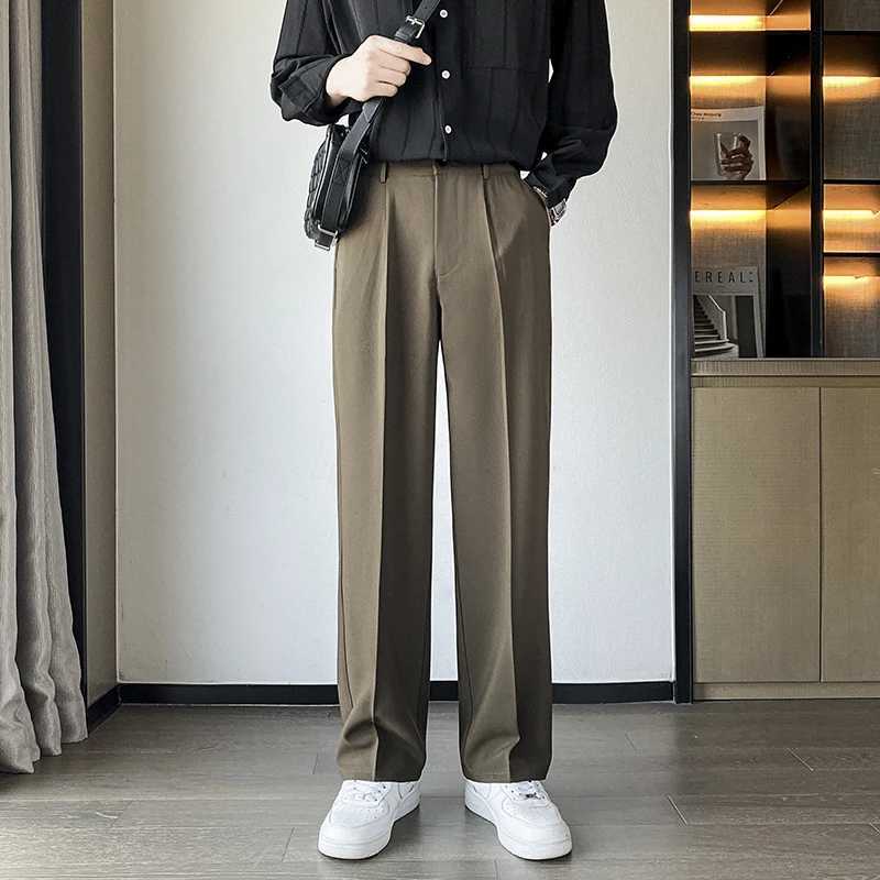 Spring Summer Men Suit Pants Wide Leg Long Drape Trousers Fashion Streetwear Clothing Solid Stretch Waist Oversize Pants Black W250812
