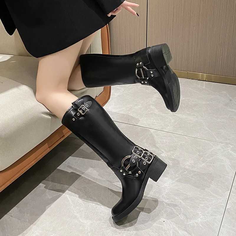 High Quality Brown Long Wen 2025 Autumn Winter Wens Knee-high Classic Metal Pin Buckle Punk Biker Boots Y250812