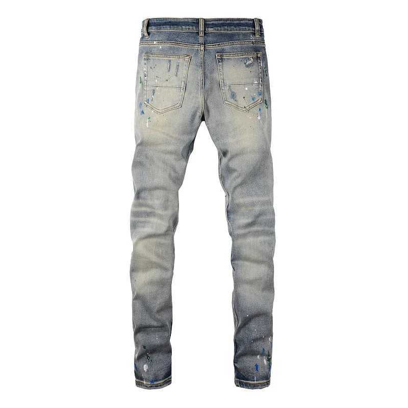 Men Painted Stretch Denim Biker Jeans Streetwear Cracked Patch Patchwork Holes Ripped Distressed Pants Skinny Tapered Trousers X250812