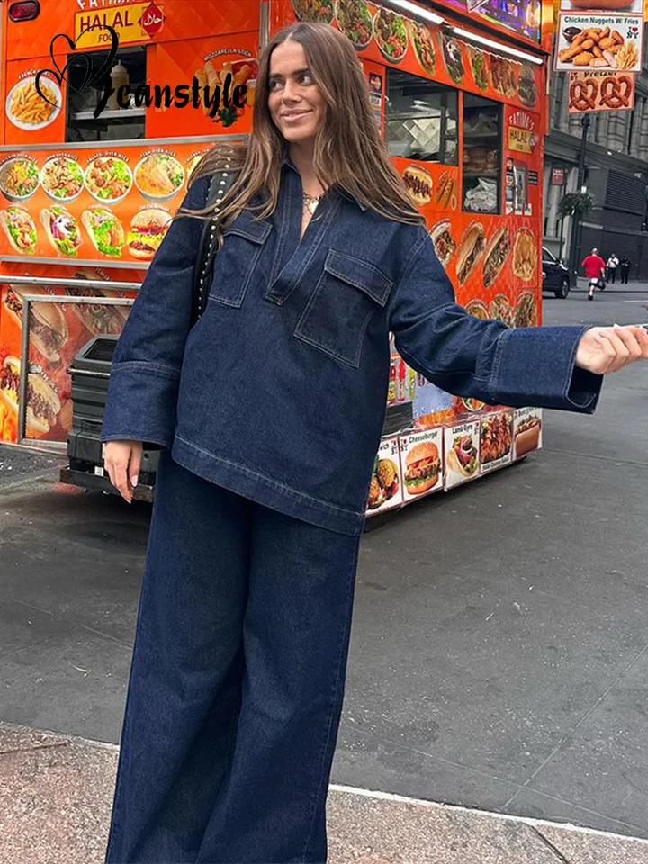 Street Loose Solid Women Jeans Suits Lapel Full Sleeve Pockets Top High Waist Wide Leg Pants 2025 Spring Fashion Lady Sets 250811