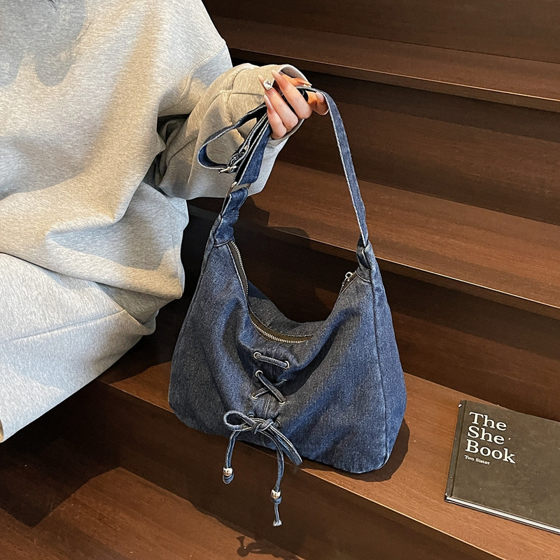 Hot Girl Tie Rope Bowknot Denim Handheld Underarm Single Shoulder Crescent Bag High-end Versatile