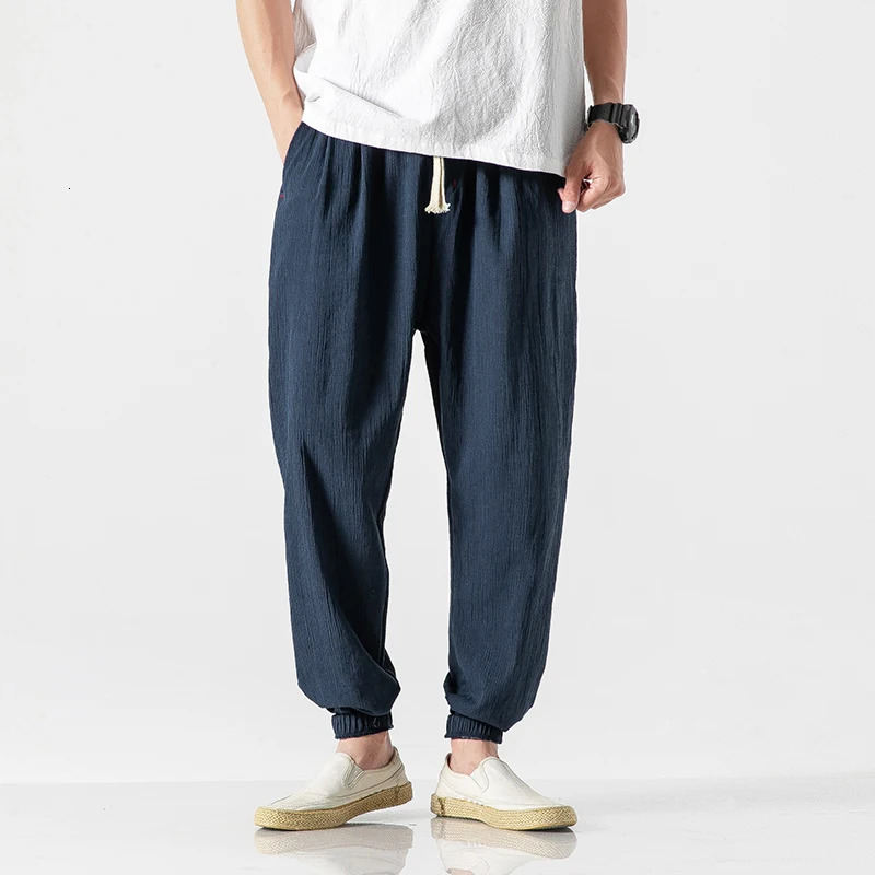 Summer Men Cotton Linen Casual Harem Pants Mens Solid Color Jogger Male Chinese Style Harajuku Elastic Waist Trousers Man 250729