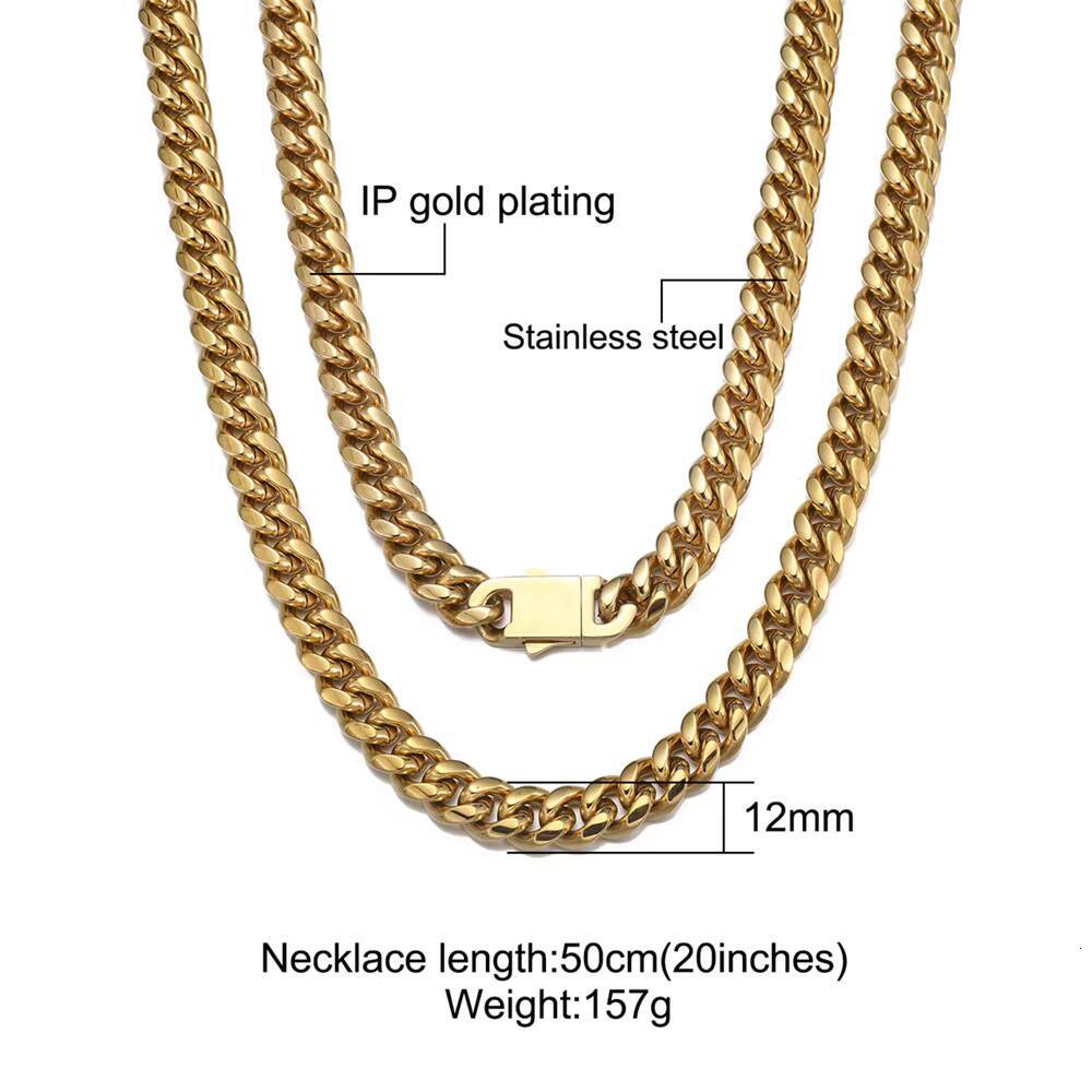 Real 18K Gold Plated Chain Jewelry Stainless Steel 12mm Solid Heavy Miami Cuban Link Curb Necklace for Men Women
