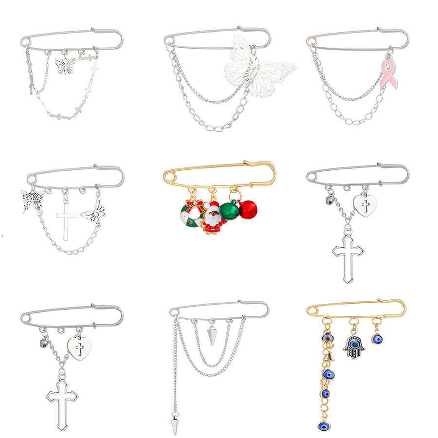 New Chain Brooch Unisex Minimalist Style Butterfly Heart Cross Punk Hip Hop Suit Button Pin