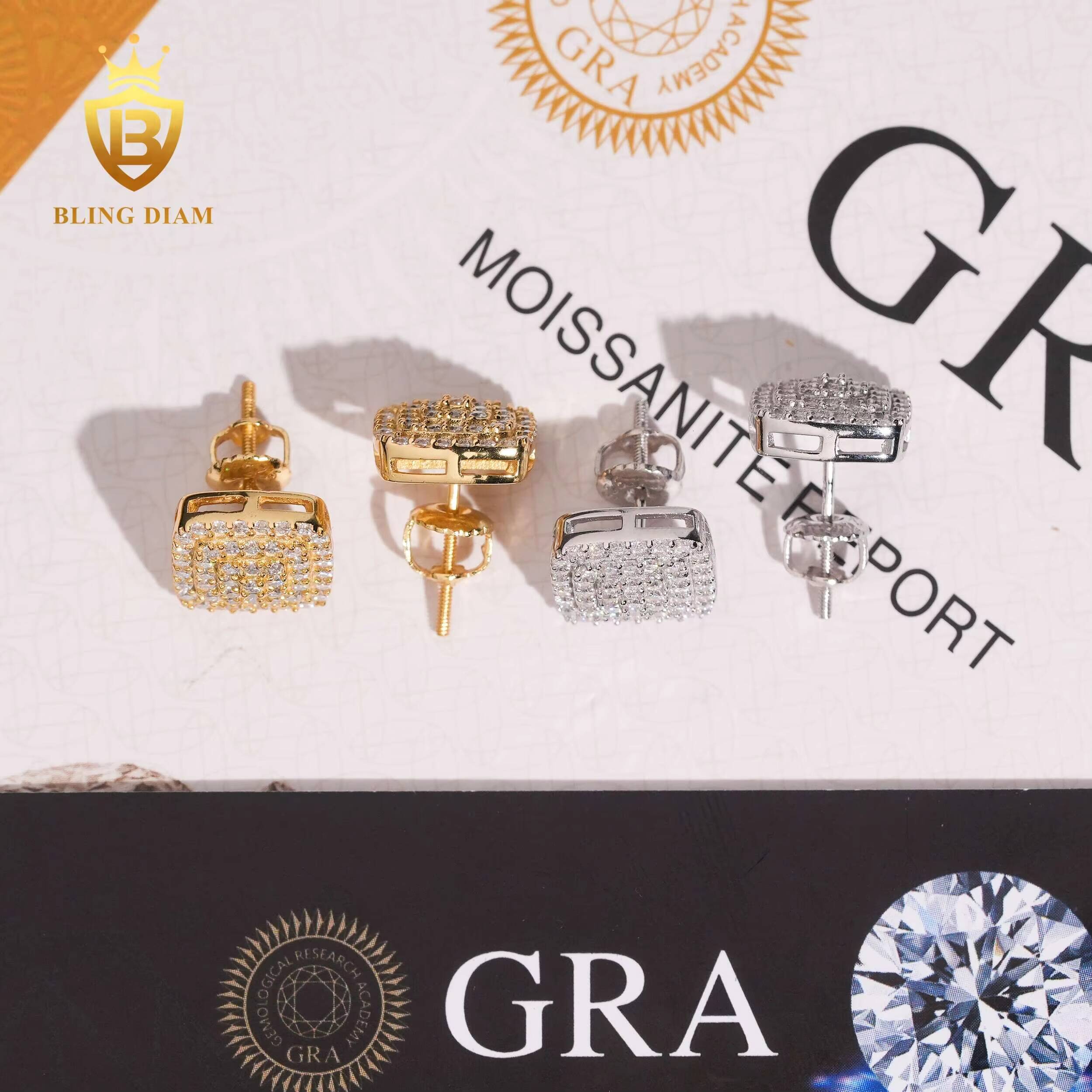Luxury Jewelry Wholesale 925 Silver Gold Plated Vvs Moissanite Square Earrings Drop Screw Back Stud Cluster for Man Women
