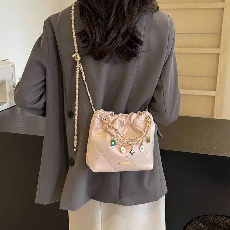 Solid PU Quilted Chain Crossbody Women Small Shoulder Bag Textured Daily Commuter Trendy