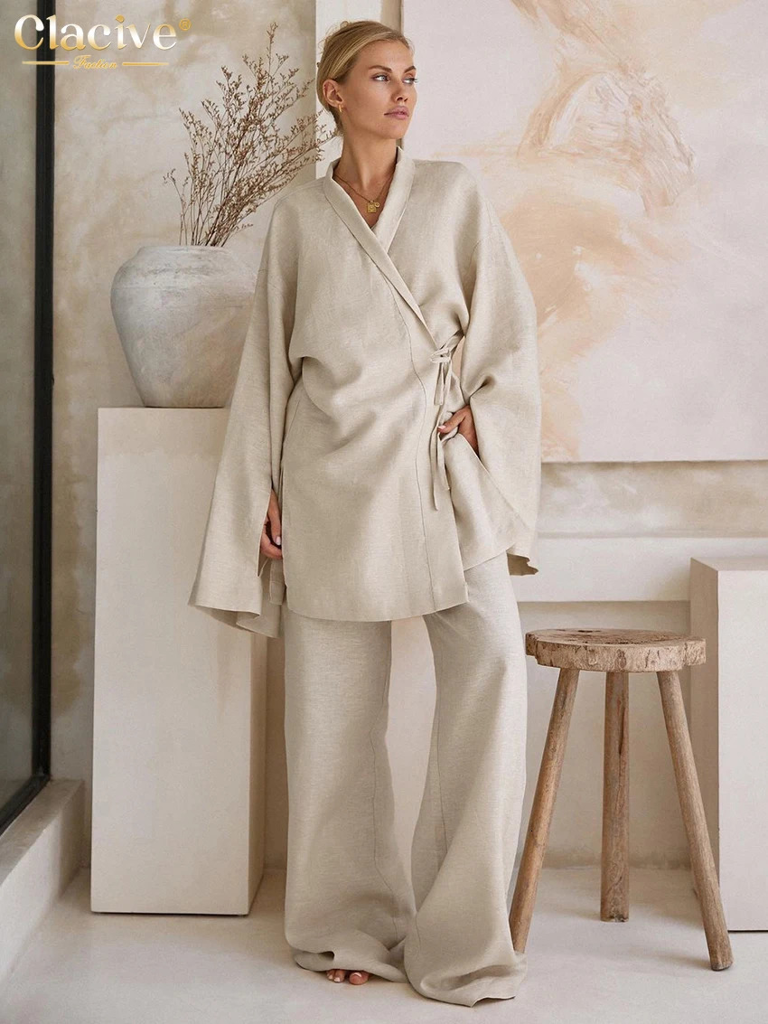 Clacive Casual Loose Khaki 2 Piece Set Women Outfit Fashion Long Sleeve Lace-Up Shirt With High Waist Wide Pants Set Female 250811