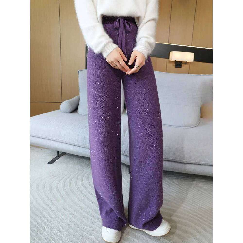 100% Merino Wool Wide Pants Women Autumn Winter Gold And Sier Silk Bead Knitted Narrow Version Straight Leg Casual Trouser 20250811