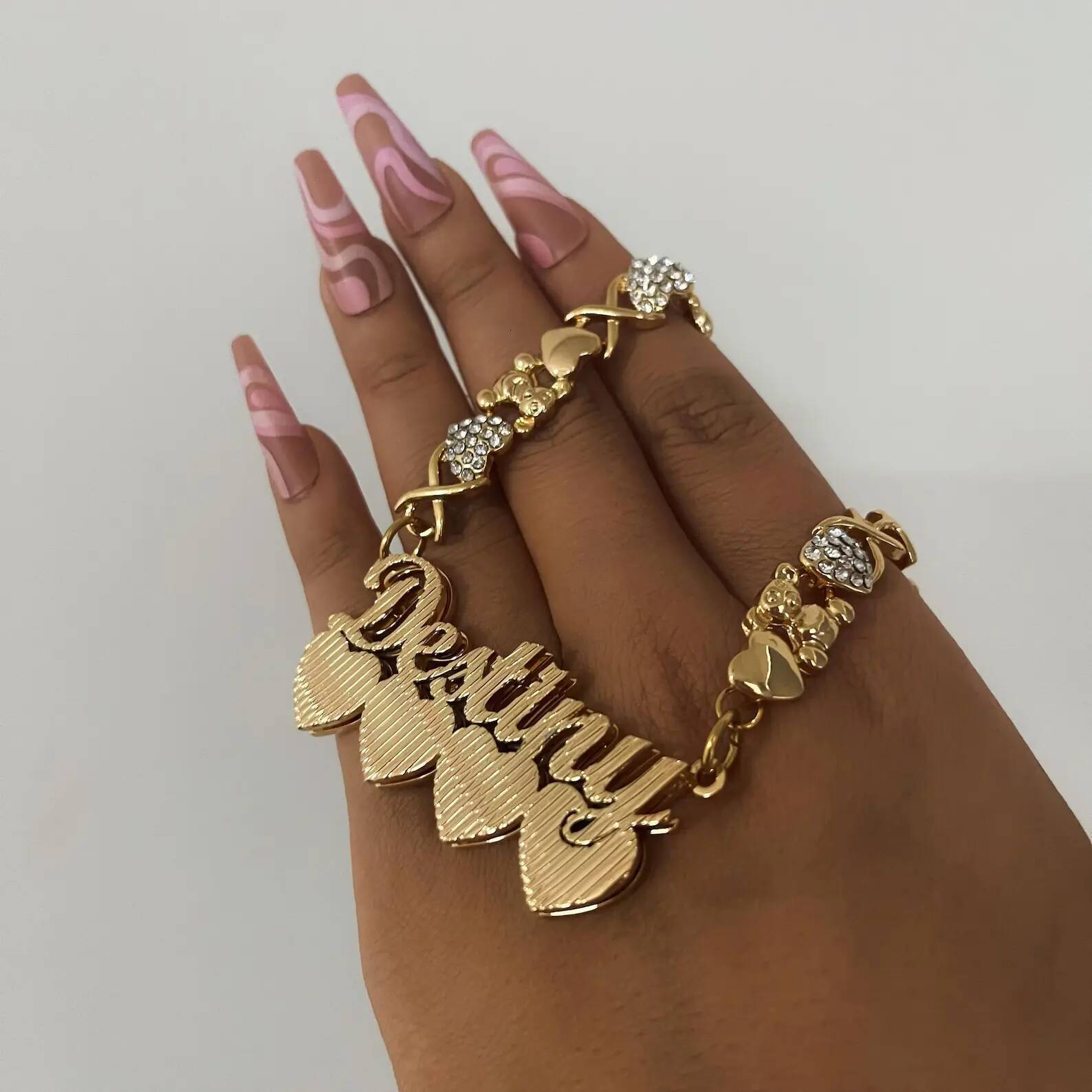 Teddy Bear Chain Name Necklace - Gold Plated Double Nameplate Custom Personalized Jewelry Gift for Women Kids & Teens