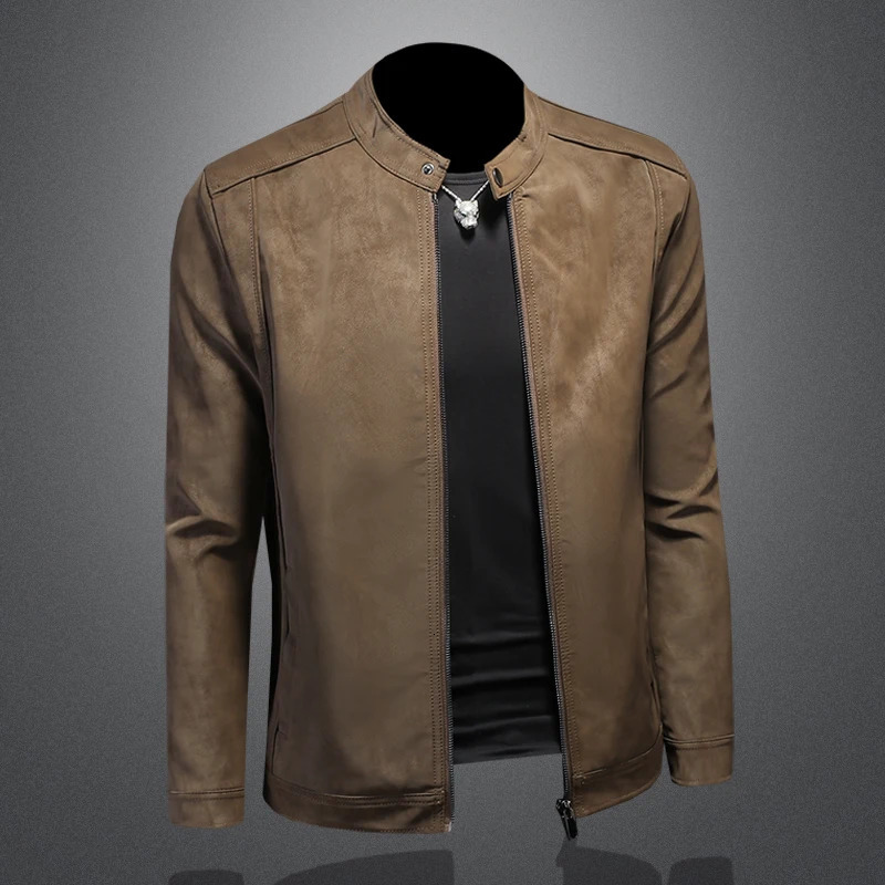 2025 high-quality slim fit leather jacket mens casual stand up collar motorcycle leather jacket 250811