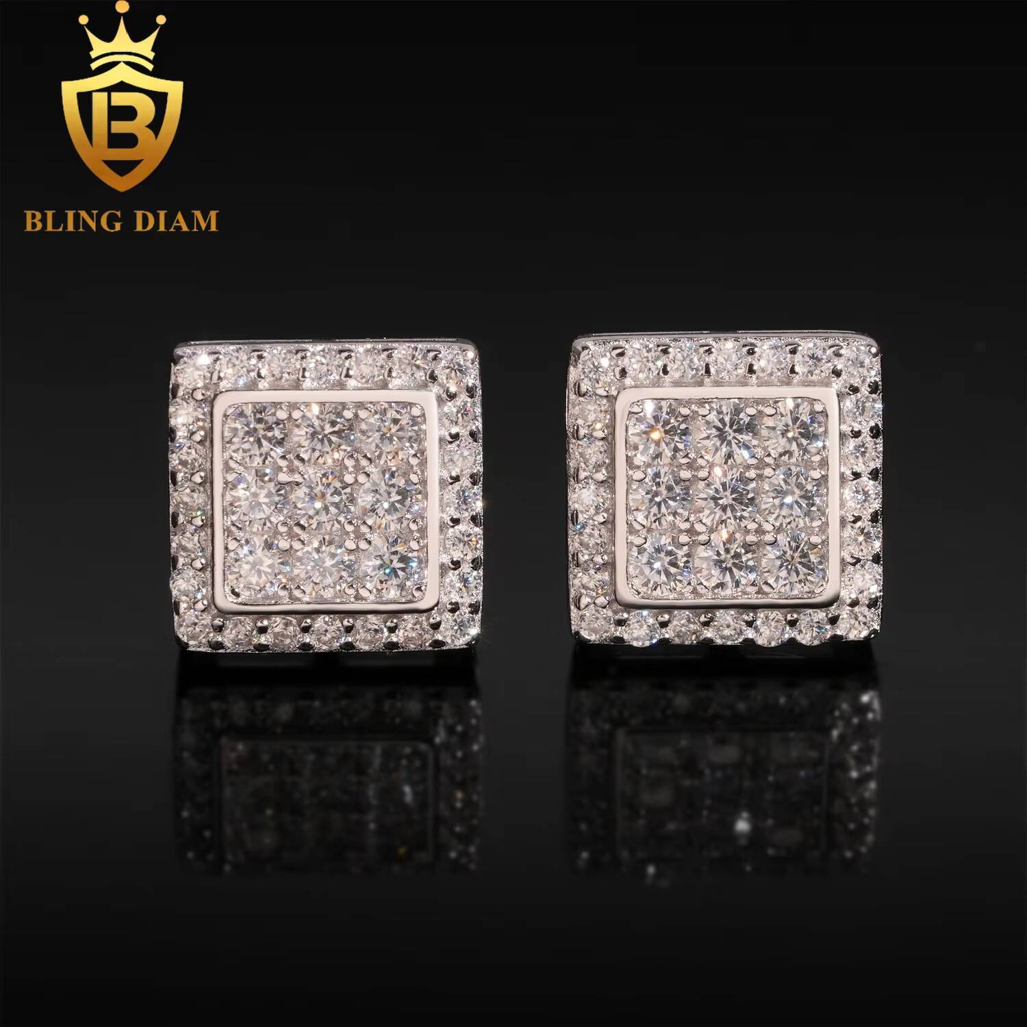 Hip Hop Jewelry Wholesale 925 Silver Rose Gold Plated Vvs Moissanite Diamond Square Earrings Stud Cluster for Man Women