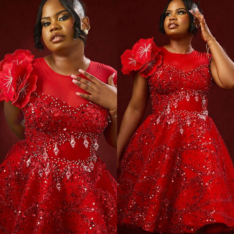 2025 Plus Size Red Cocktail Dresses For Women Short Dress Sequined Lace Short Sleeves Beaded Lace Homecoming Dresses Flora Gown For Nigeria Black Girl