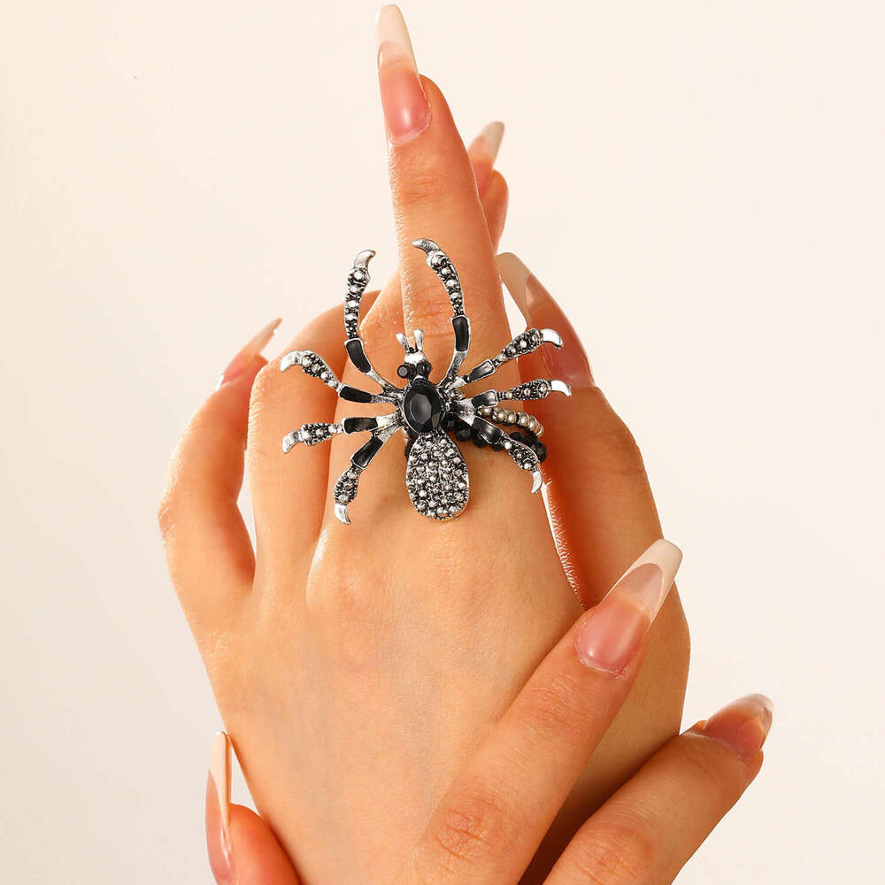 Gothic Dark Punk Exaggerated Halloween Rhinestone Spider Necklace Bracelet Ring Set for Women and Men