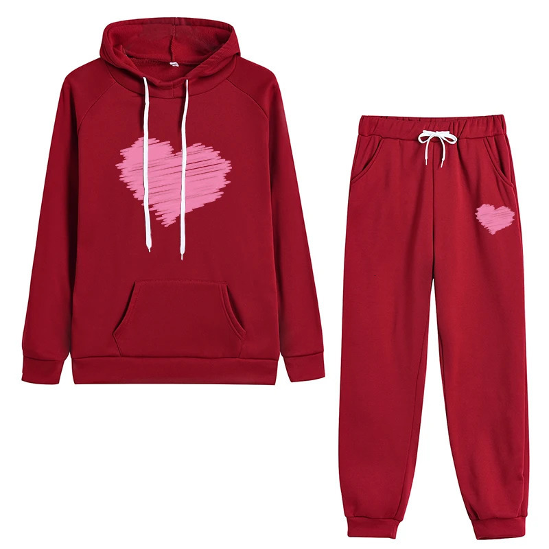 Womens Hoodie Tracksuit 2pcs Set Fall Winter Daily Casual Sport Outfits Cute Heart Hooded Sweatshirt Sweatpants 250805