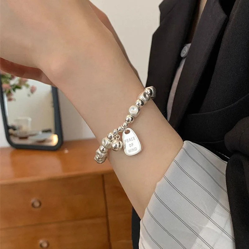 Foxanry Irregular Bead Chain Elastic Bracelets for Women Couples Fashion Vintage Handmade English Letter Tag Party Jewelry 250807