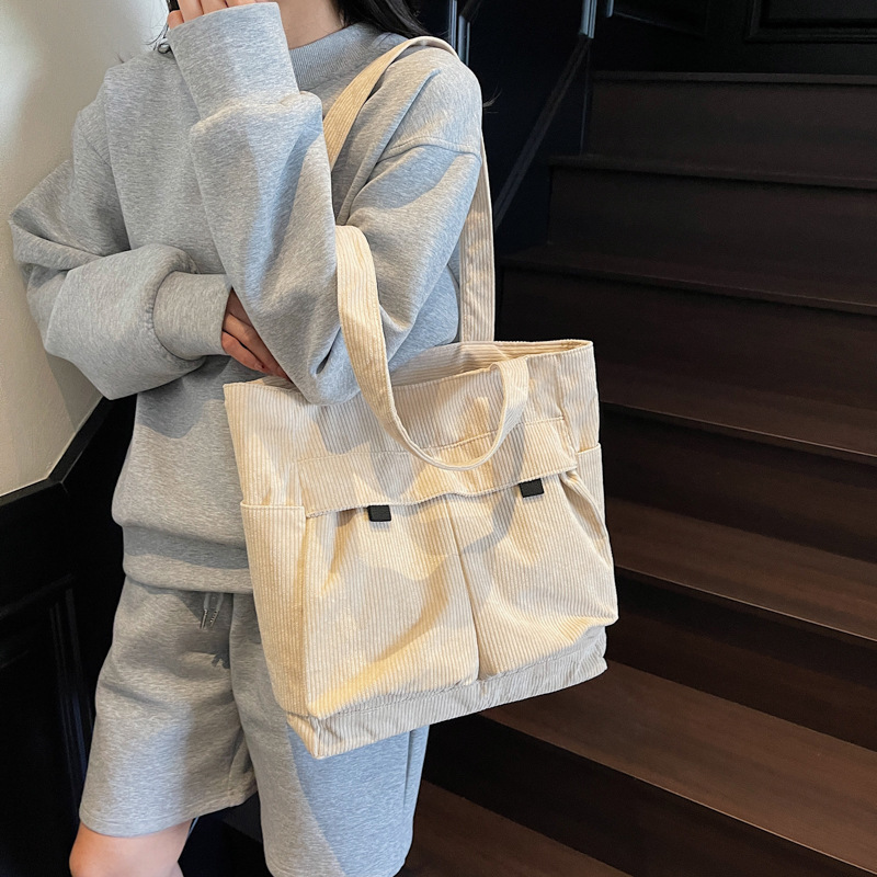 Casual Large Capacity Single Shoulder Corduroy Commuting College Student Class Tote Bag Korean Style Artistic Handbag