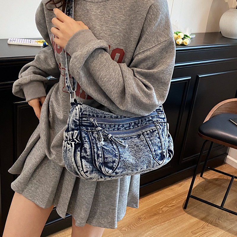 New Lazy Style Washed Denim Single Shoulder Crossbody Bag, Casual Versatile Women's Bag