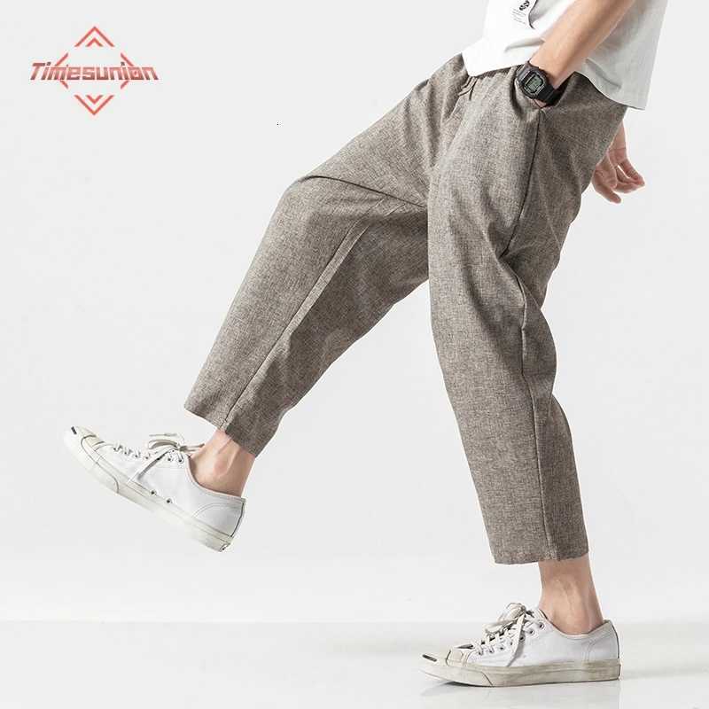 2025 Summer Cotton Linen Pants for Men Japanese Breathable Loose Casual Pants Thin Elastic Waist Cropped Pants W250812
