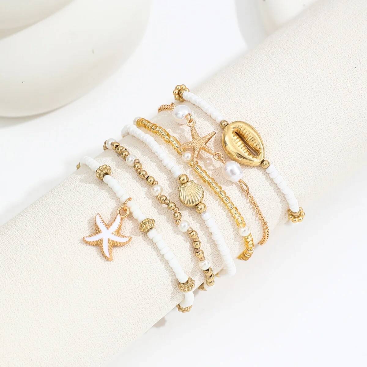 Vintage Seed Bead Stacked Bracelet Set Starfish Shell Embellishment Bracelets Elegant Women's Summer Beach Jewelry Accessories