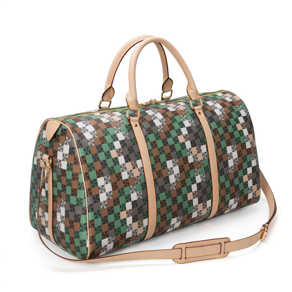 Lacel Urwebin Vintage Checkered Plaid Duffle Bag for Women, Green Brown PU Leather, Large Capacity Weekend Travel Bag with Adjustable Shoulder Strap