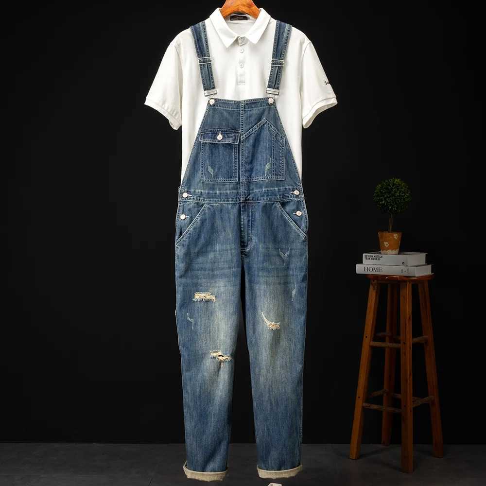 Men Loose Holes Ripped Denim Bib Overalls Pockets Distressed Blue Jeans Adjustable Suspenders Jumpsuits Coveralls Dungarees X250812