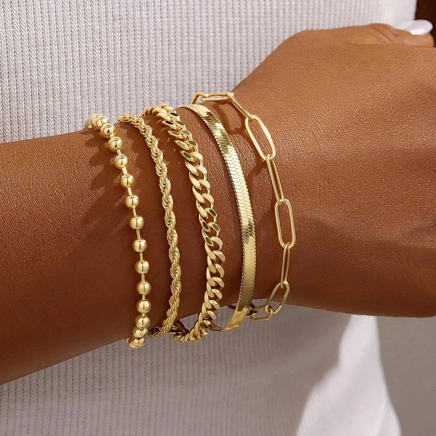 Set Gold Bracelets Stack With Beaded, Cuban, Paperclip, Snake, Rope Gifts for Women