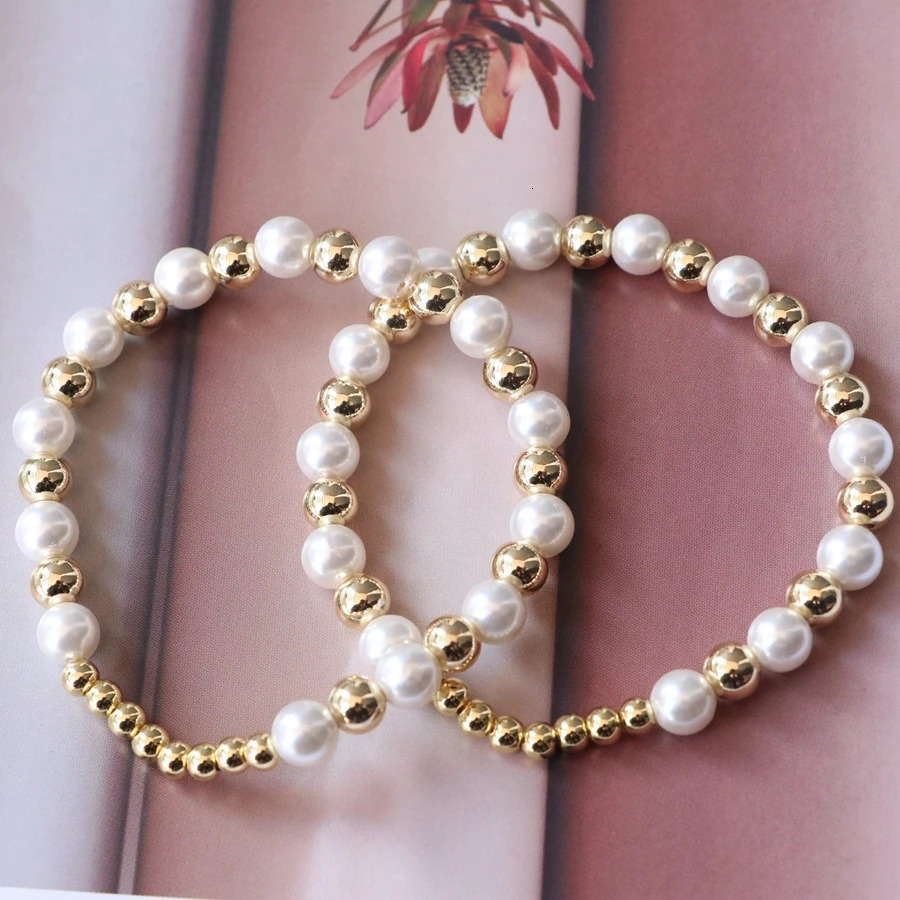 10Pcs Shell Pearl Bracelet 18K Gold Plated Beaded Elastic Bracelet for Women Jewelry 250807
