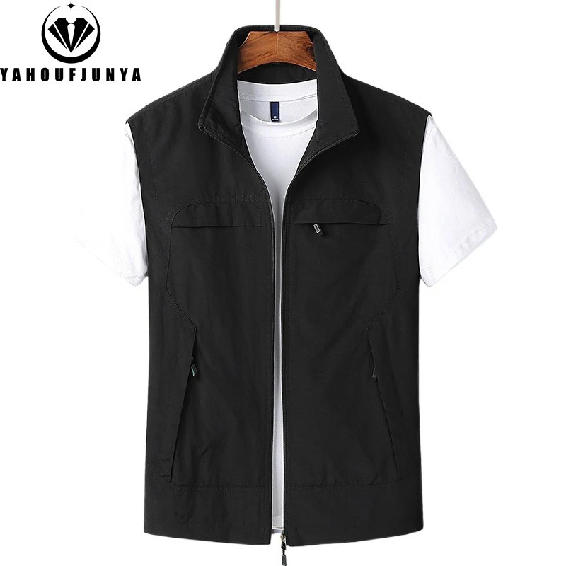 2025 Summer Men Sleeveless Outdoor Leisure Stand Collar Vest Solid Color Breathable Many Pocket Thin Male Waistcoat Top 250805