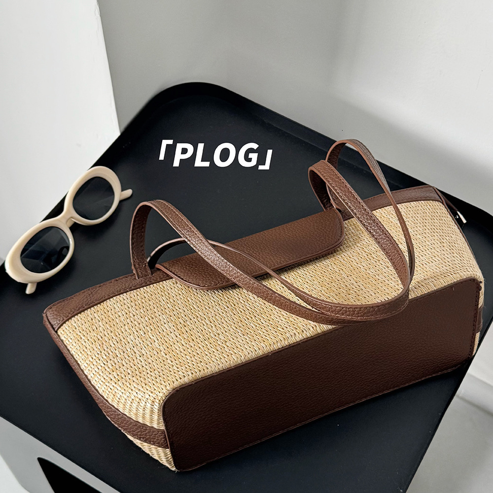 French Niche Casual Color Block Straw Basket for Women Handheld and Shoulder Tote Bag Bucket Woven ddmymarket