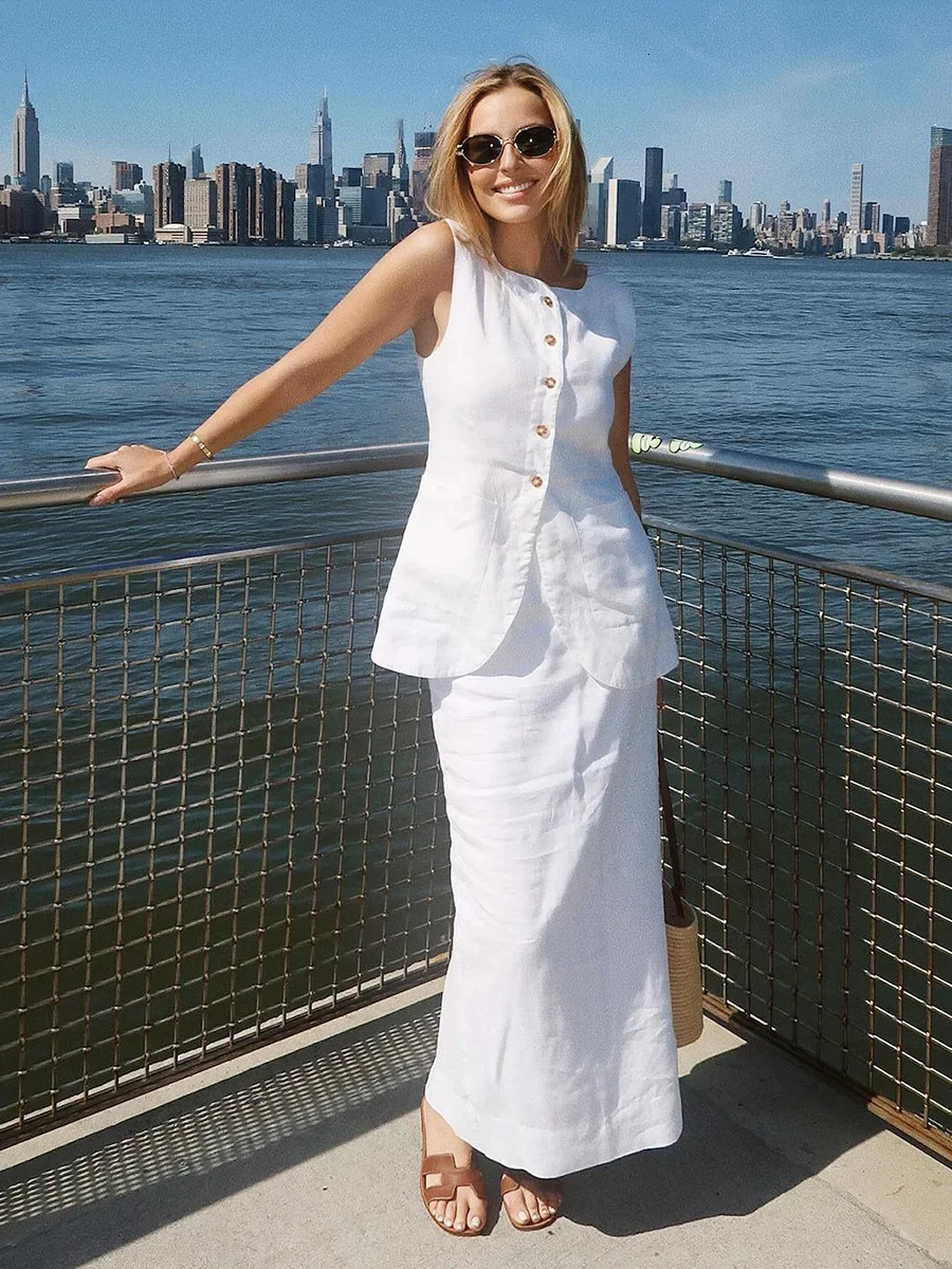 Wolfeel Womens Sleeveless Vest High Waisted Skirt 2-Piece Set Spring Summer Linen Casual Suit Fashion Office Lady Vest Set 250811